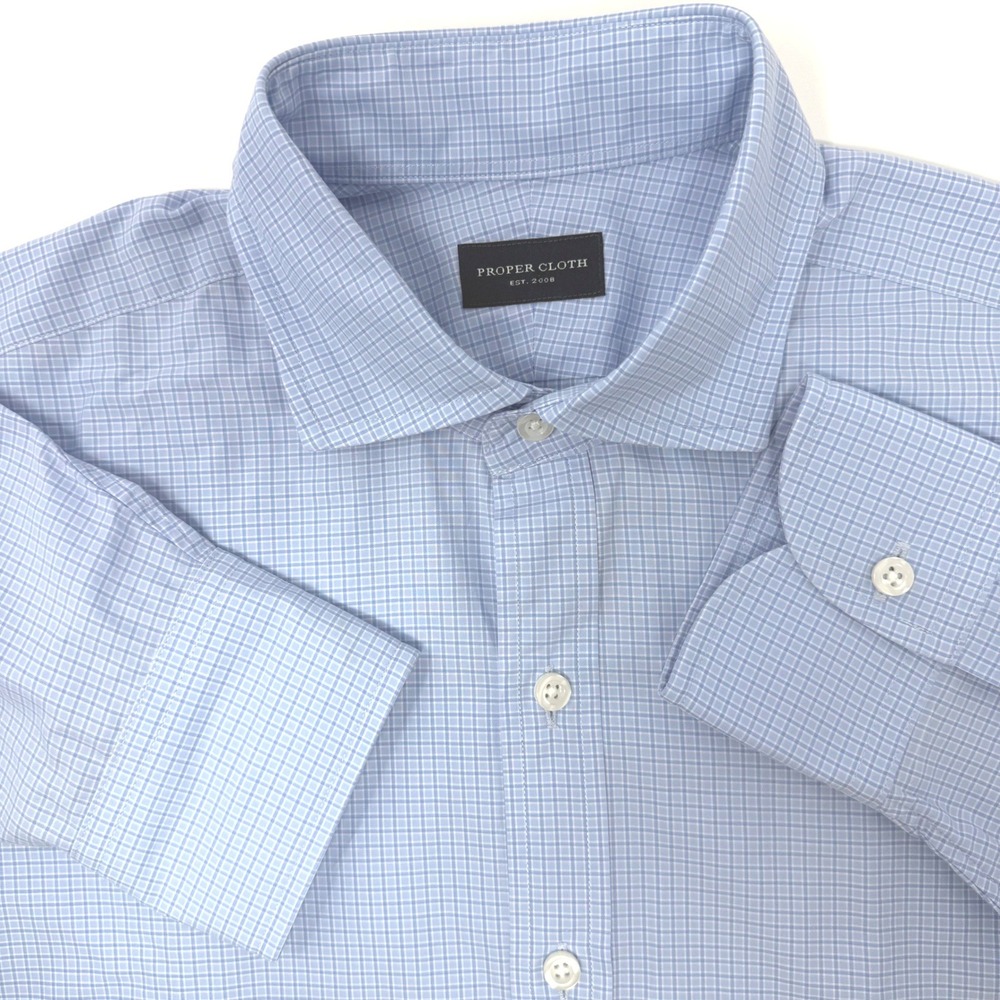 Proper Cloth Mens Light Blue Mini Check‎ Cotton Dress Shirt Spread Collar 17.5
